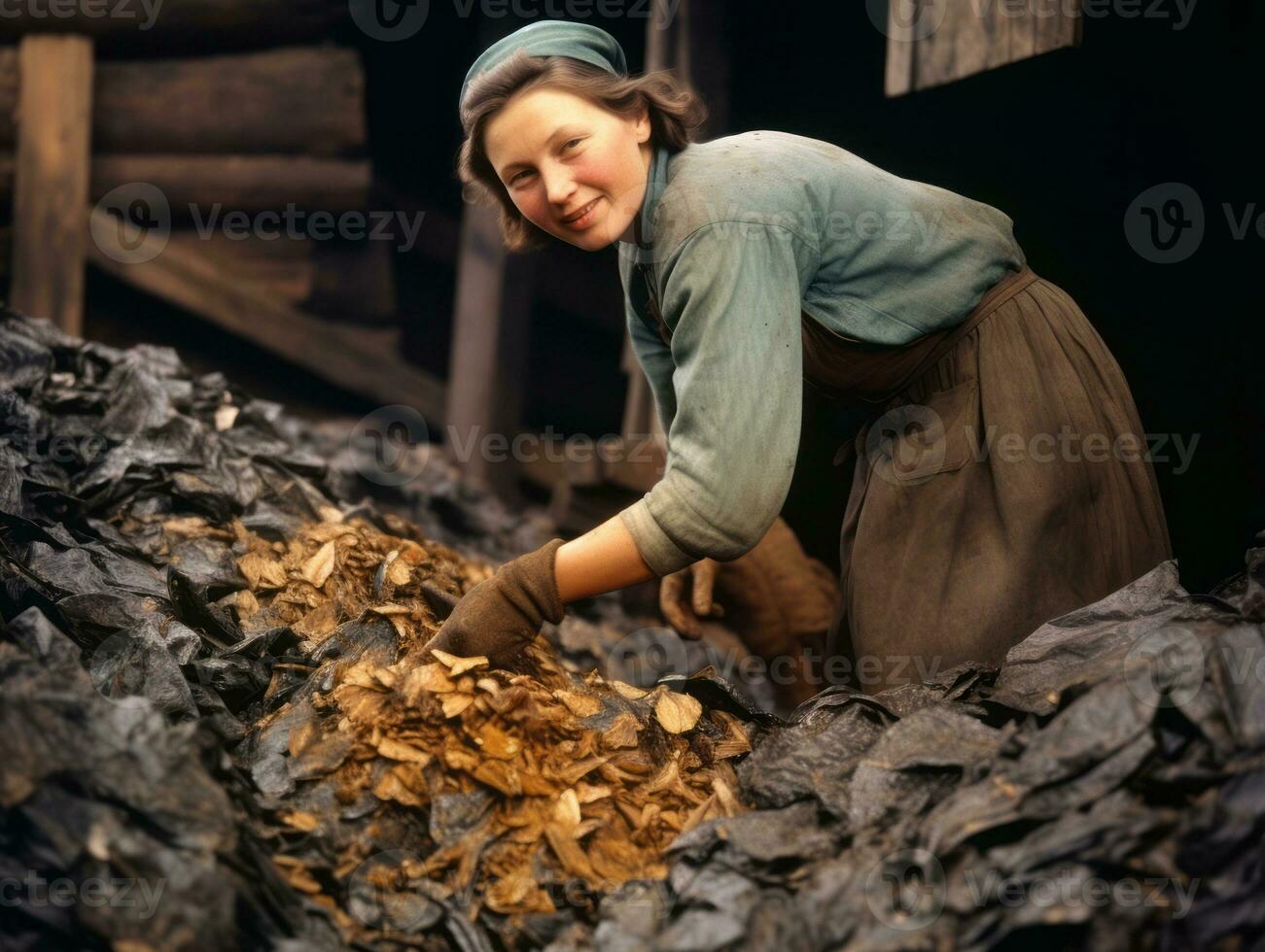 historisk färgad Foto av en kvinnors dagligen arbete i de över ai generativ