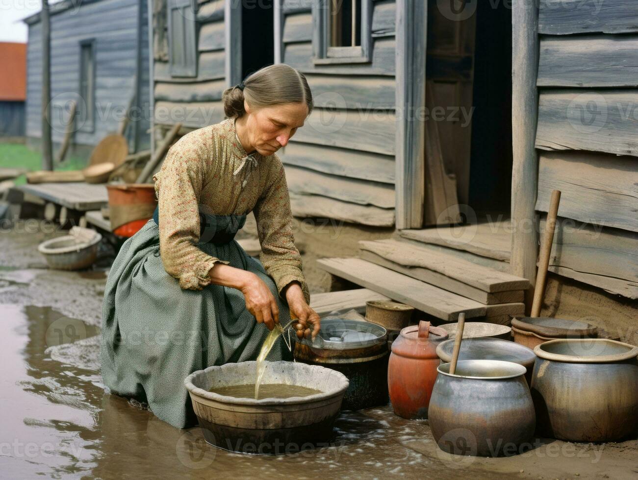 historisk färgad Foto av en kvinnors dagligen arbete i de över ai generativ