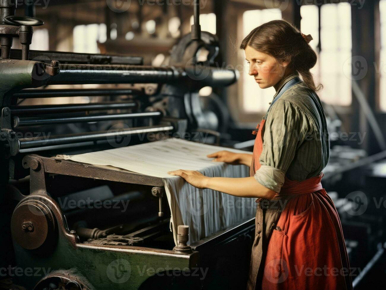 historisk färgad Foto av en kvinnors dagligen arbete i de över ai generativ