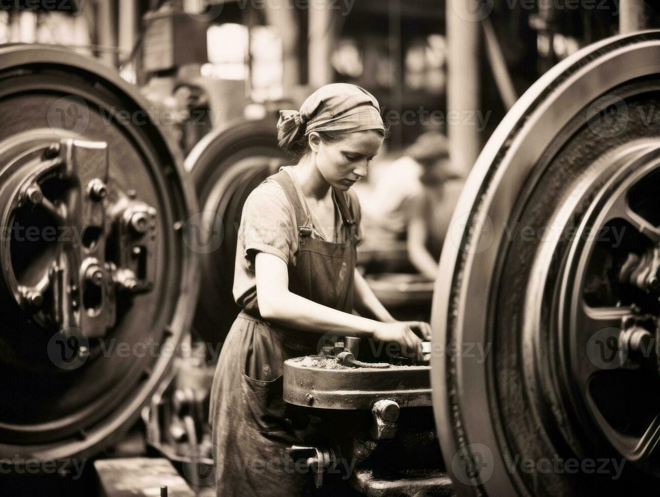 historisk färgad Foto av en kvinnors dagligen arbete i de över ai generativ