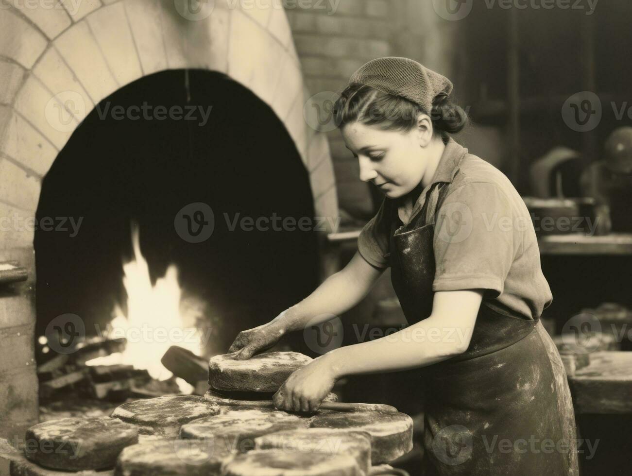 historisk färgad Foto av en kvinnors dagligen arbete i de över ai generativ