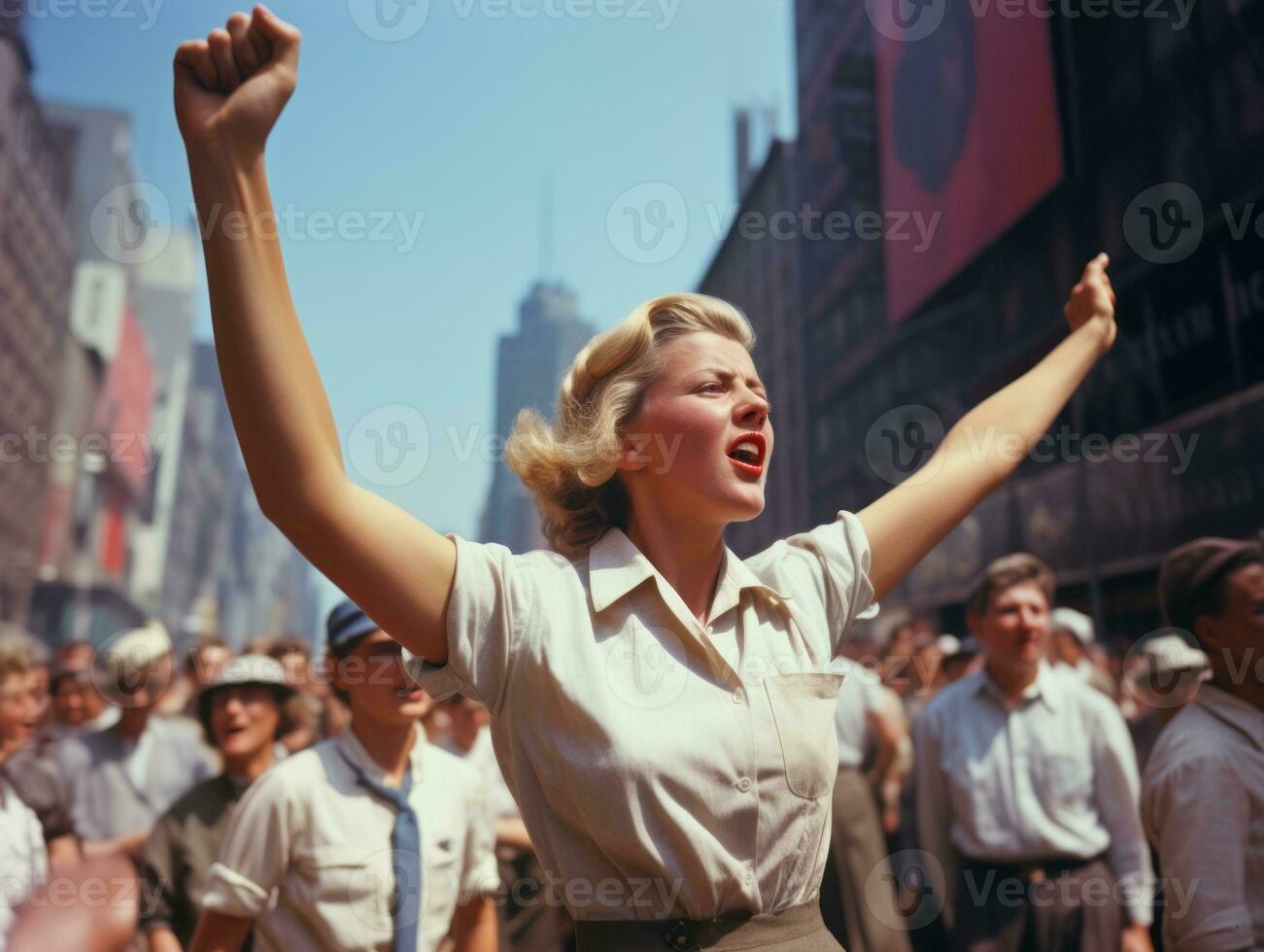 historisk färgad Foto av en kvinna ledande en protest ai generativ