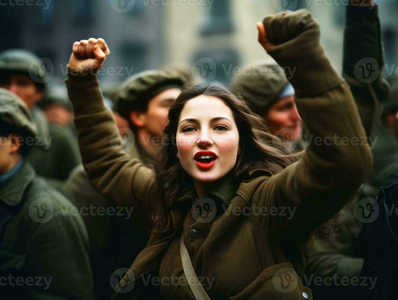 historisk färgad Foto av en kvinna ledande en protest ai generativ