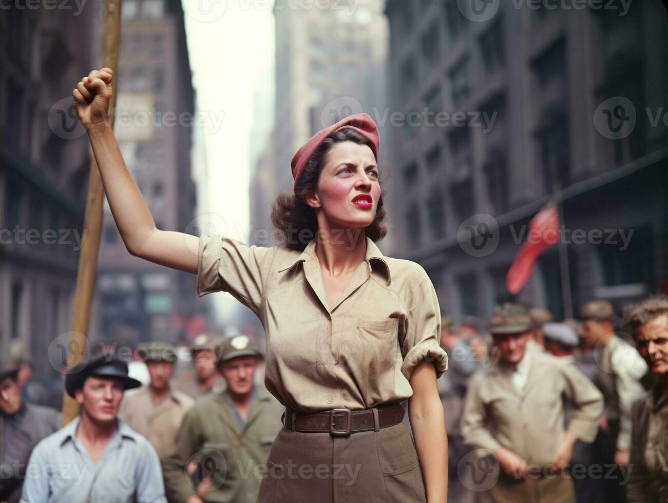 historisk färgad Foto av en kvinna ledande en protest ai generativ