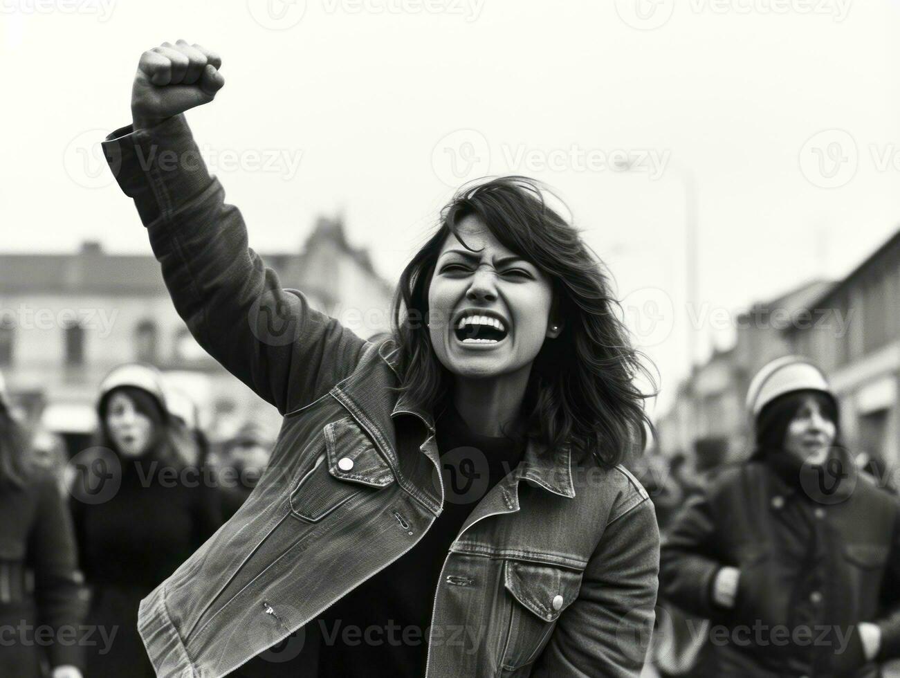 historisk färgad Foto av en kvinna ledande en protest ai generativ