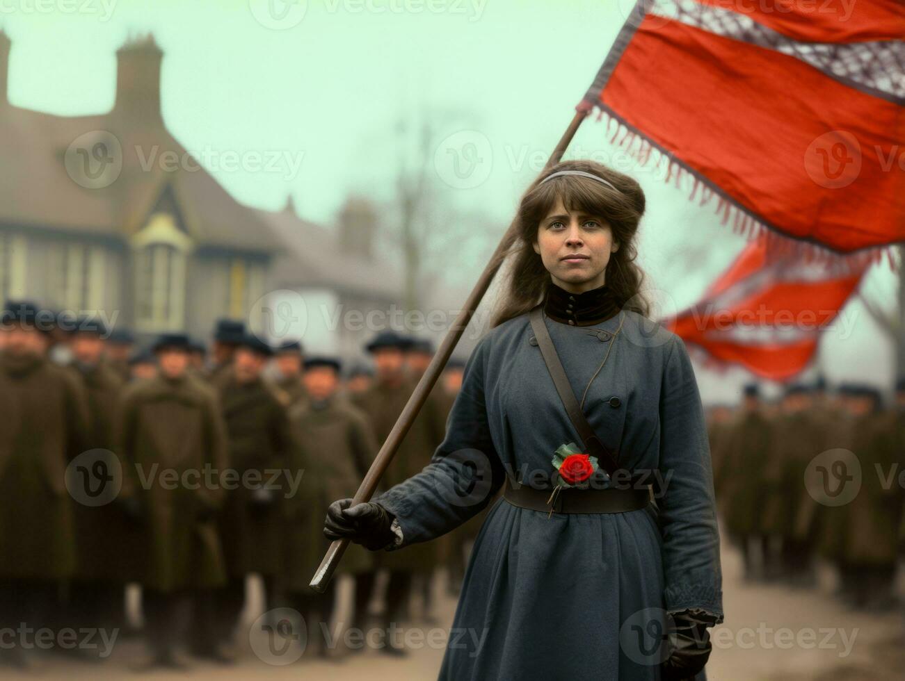 historisk färgad Foto av en kvinna ledande en protest ai generativ