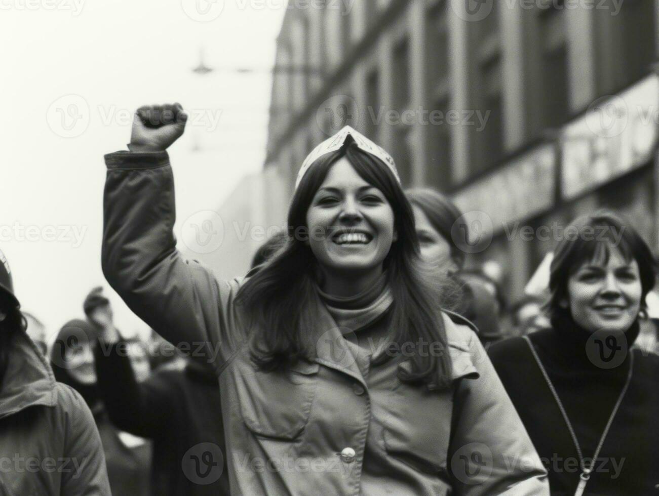 historisk färgad Foto av en kvinna ledande en protest ai generativ