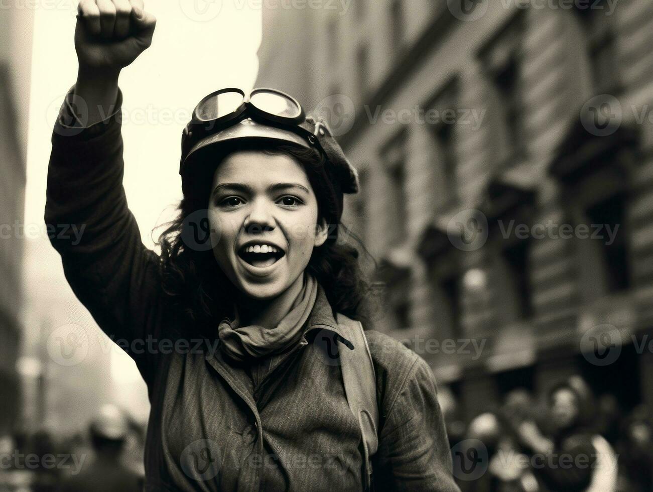 historisk färgad Foto av en kvinna ledande en protest ai generativ