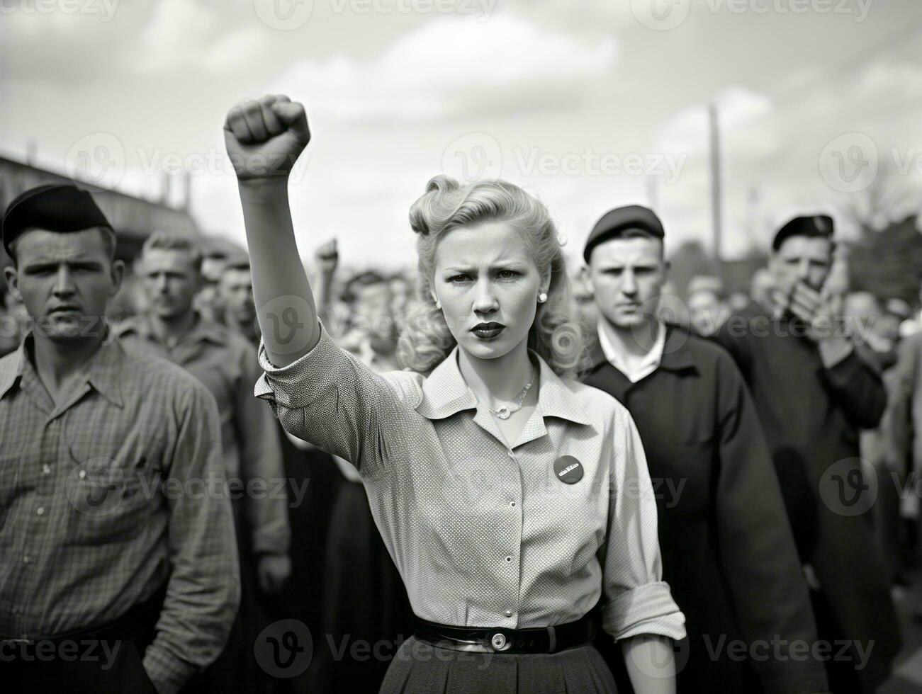 historisk färgad Foto av en kvinna ledande en protest ai generativ