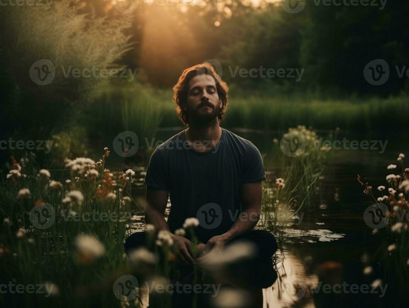 man mediterar i de bröst av natur ai generativ foto