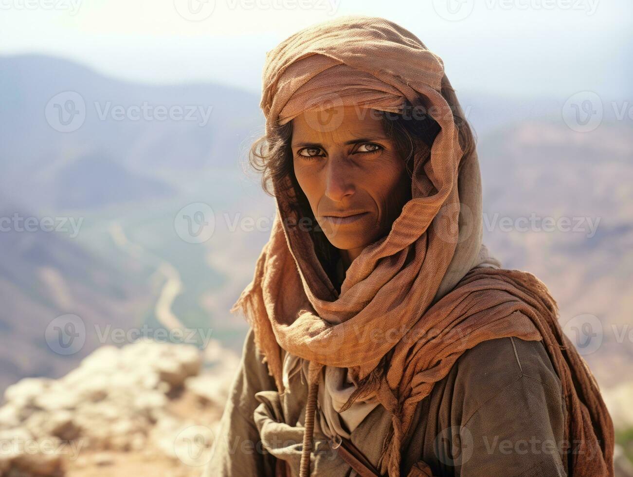 gammal färgad fotografera av arab kvinna från tidigt 1900 -talet ai generativ foto