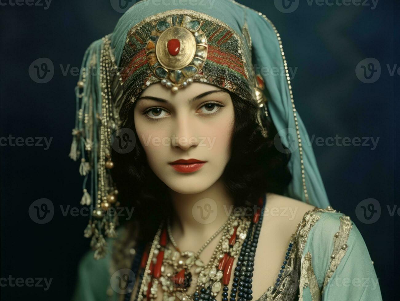 gammal färgad fotografera av arab kvinna från tidigt 1900 -talet ai generativ foto