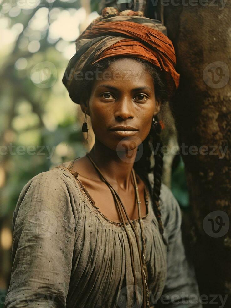 gammal färgad fotografera av en brasiliansk kvinna från de tidigt 1900 -talet ai generativ foto