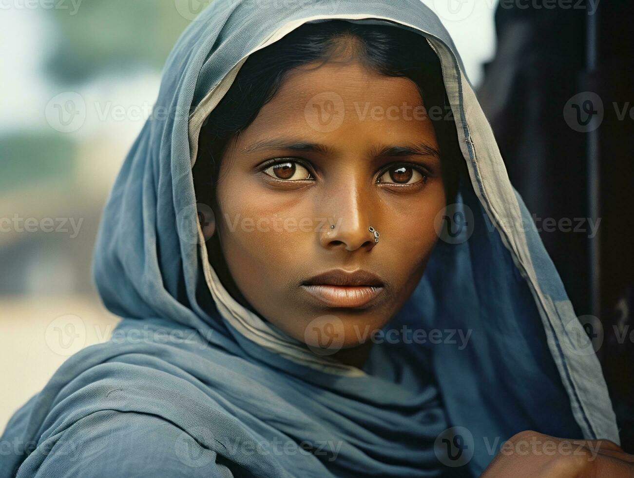 gammal färgad fotografera av en indisk kvinna från de tidigt 1900 -talet ai generativ foto