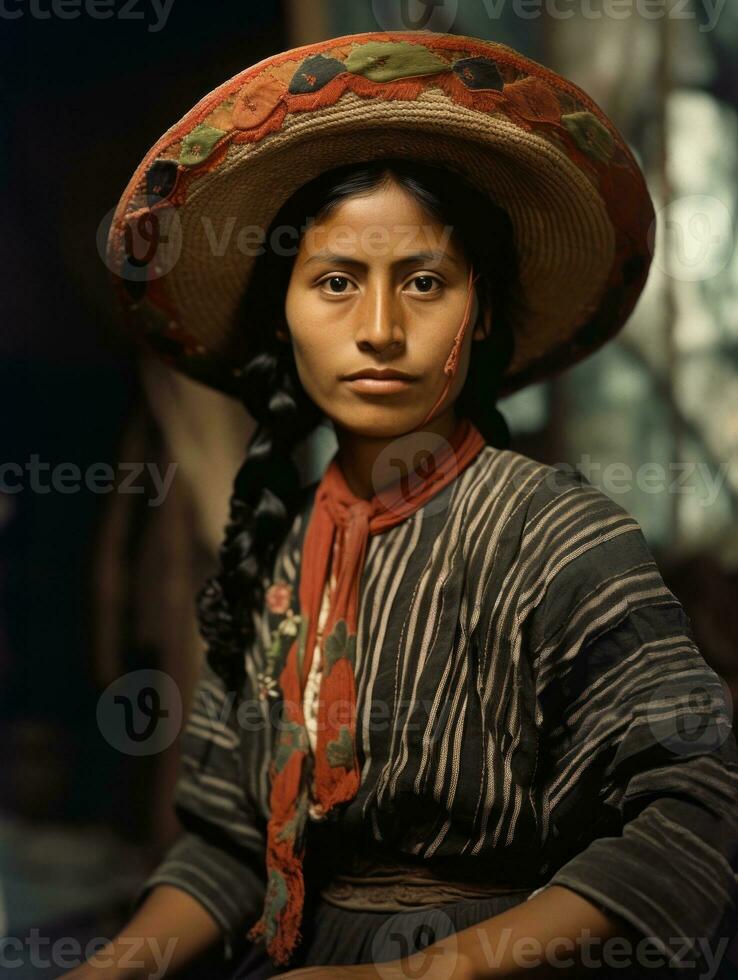 gammal färgad fotografera av en mexikansk kvinna från de tidigt 1900 -talet ai generativ foto