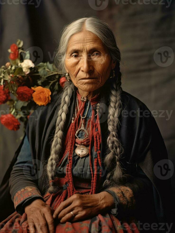 gammal färgad fotografera av en mexikansk kvinna från de tidigt 1900 -talet ai generativ foto