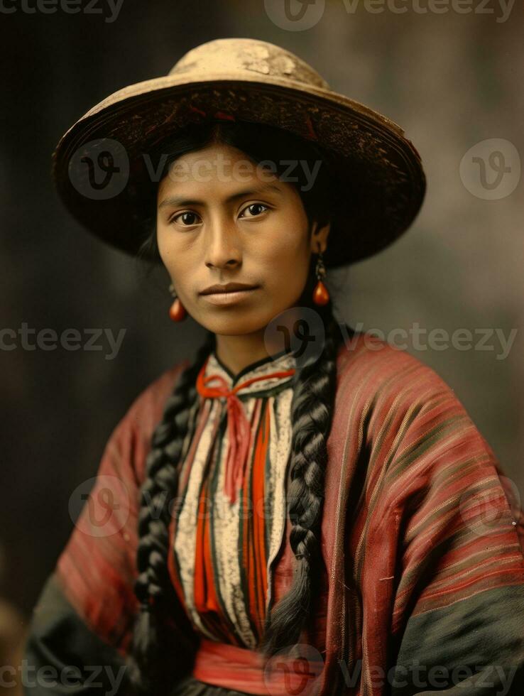 gammal färgad fotografera av en mexikansk kvinna från de tidigt 1900 -talet ai generativ foto