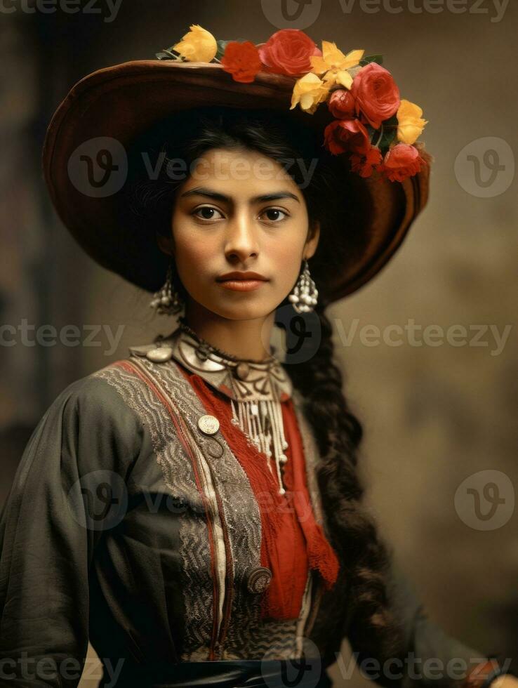 gammal färgad fotografera av en mexikansk kvinna från de tidigt 1900 -talet ai generativ foto