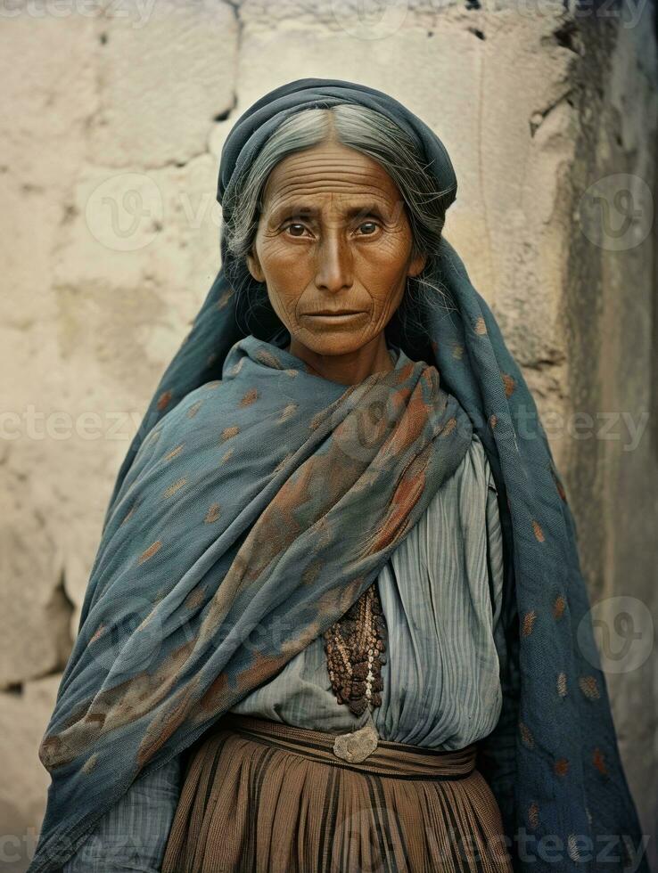 gammal färgad fotografera av en mexikansk kvinna från de tidigt 1900 -talet ai generativ foto