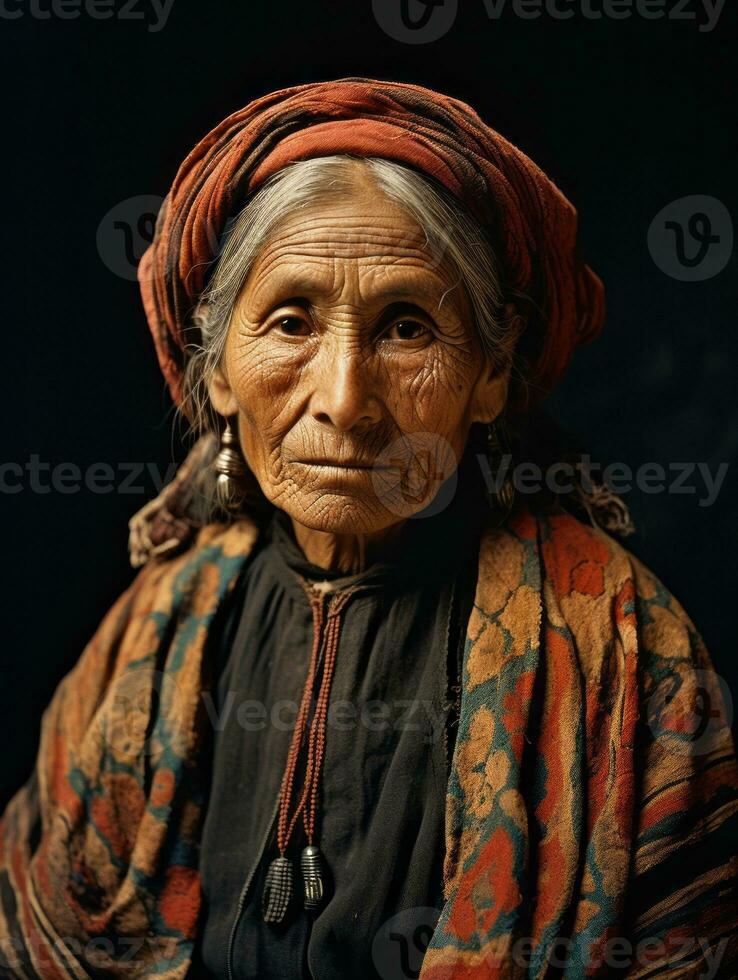 gammal färgad fotografera av en mexikansk kvinna från de tidigt 1900 -talet ai generativ foto