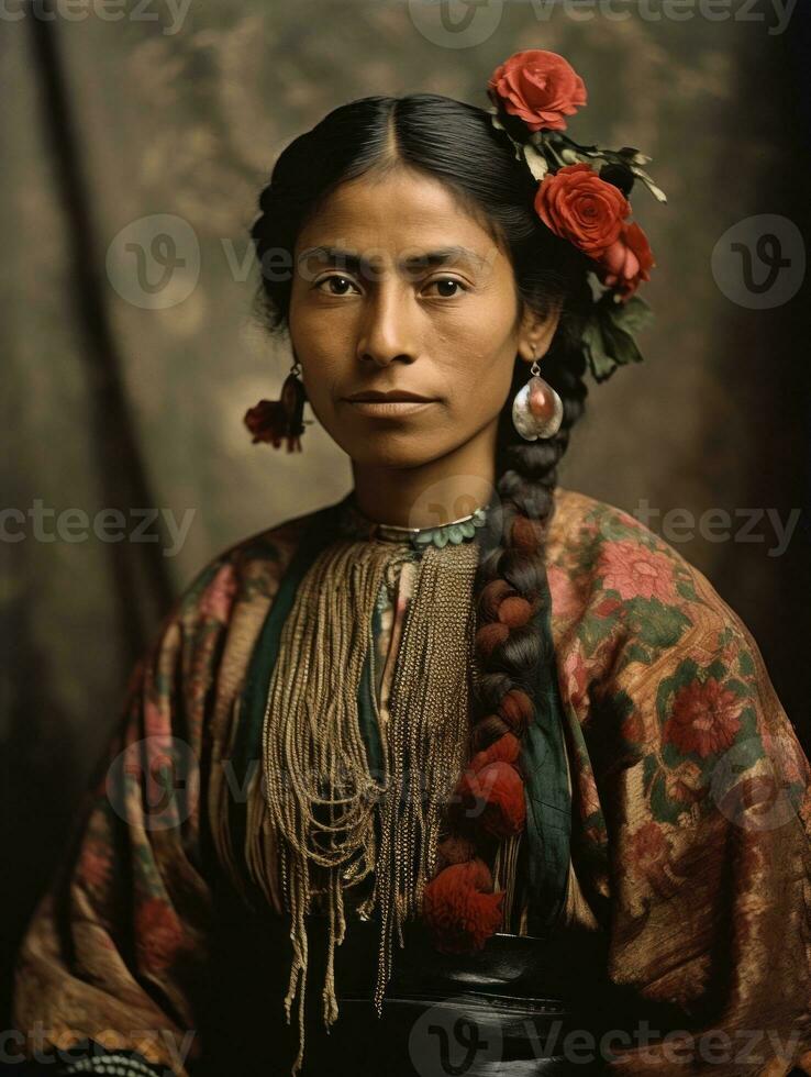 gammal färgad fotografera av en mexikansk kvinna från de tidigt 1900 -talet ai generativ foto