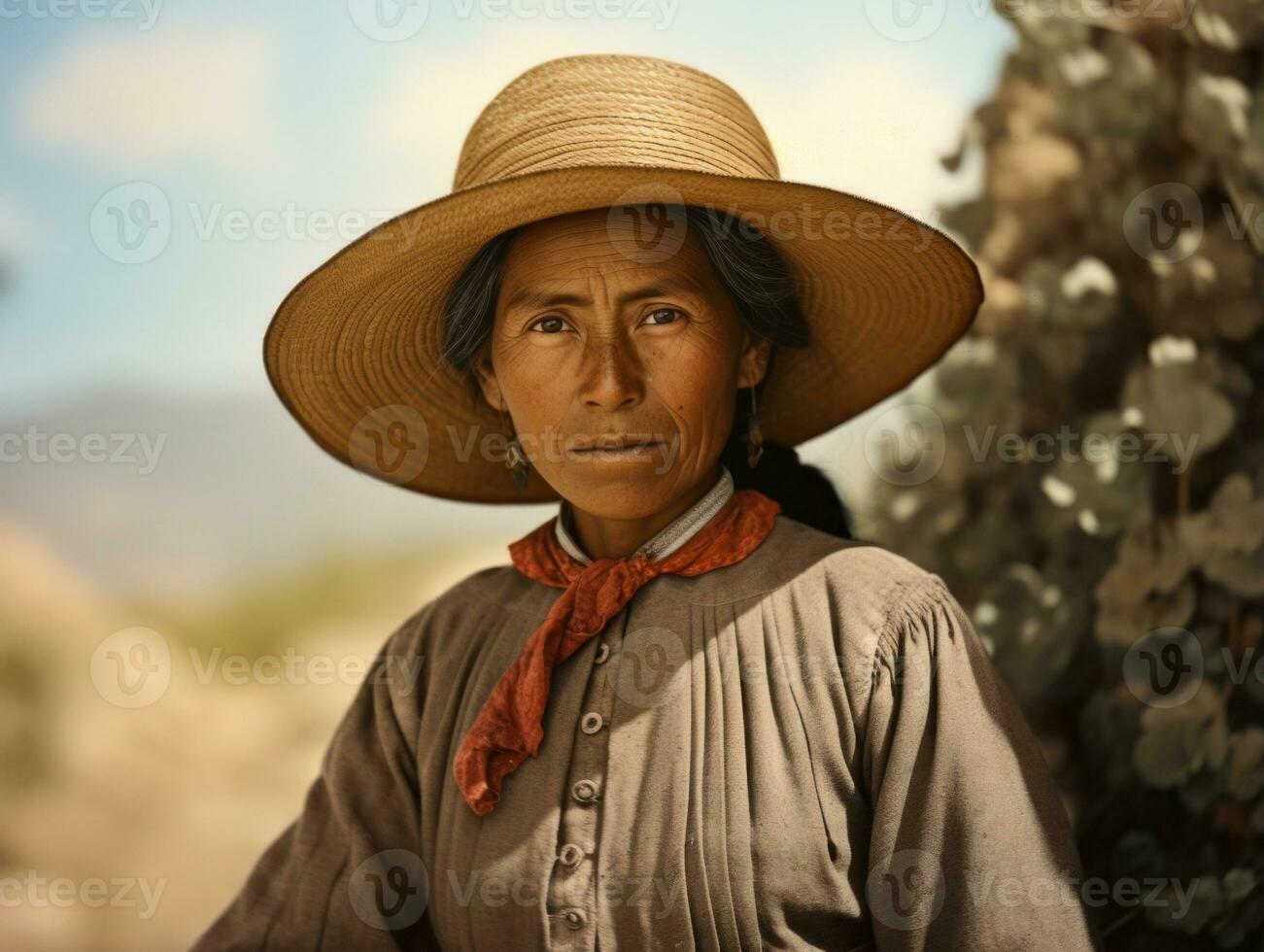 gammal färgad fotografera av en mexikansk kvinna från de tidigt 1900 -talet ai generativ foto