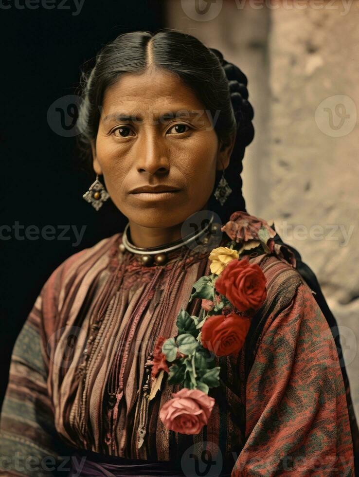 gammal färgad fotografera av en mexikansk kvinna från de tidigt 1900 -talet ai generativ foto