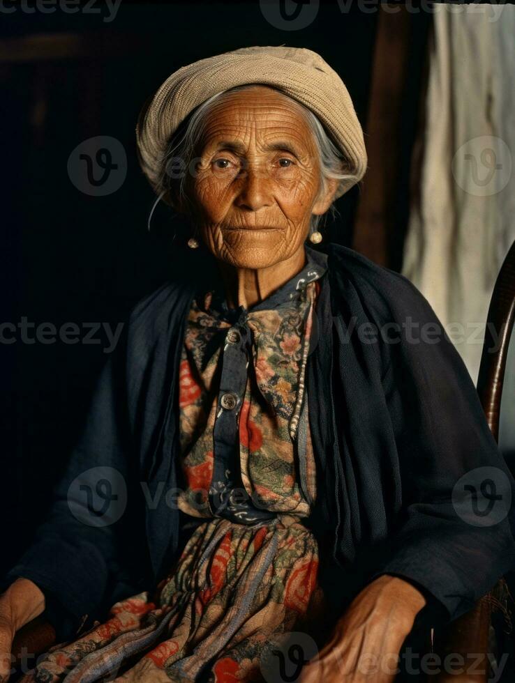 gammal färgad fotografera av en mexikansk kvinna från de tidigt 1900 -talet ai generativ foto