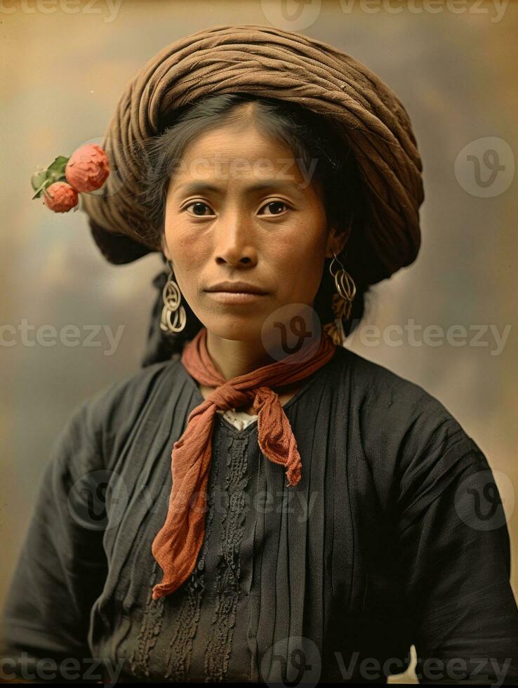 gammal färgad fotografera av en mexikansk kvinna från de tidigt 1900 -talet ai generativ foto