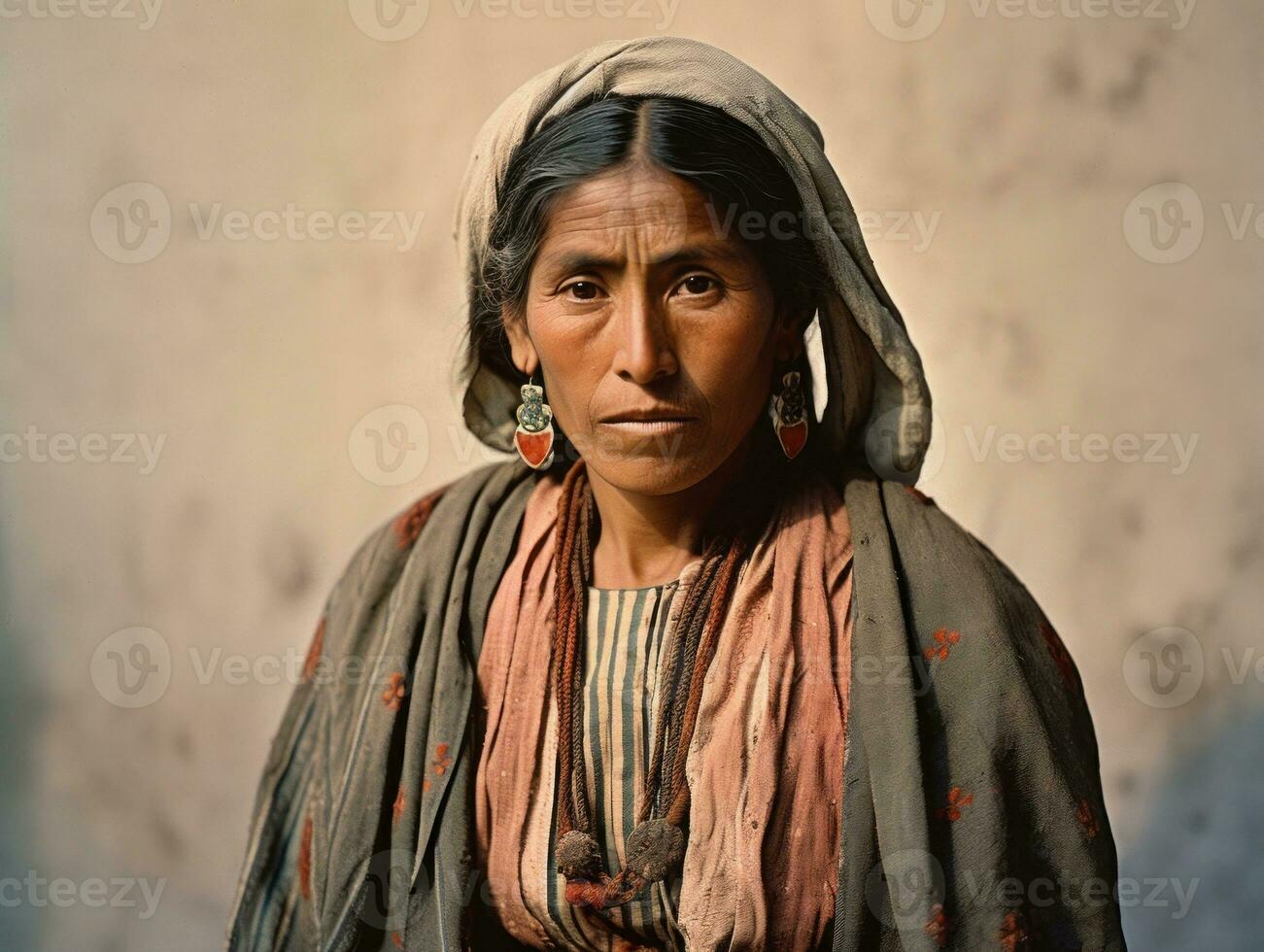 gammal färgad fotografera av en mexikansk kvinna från de tidigt 1900 -talet ai generativ foto