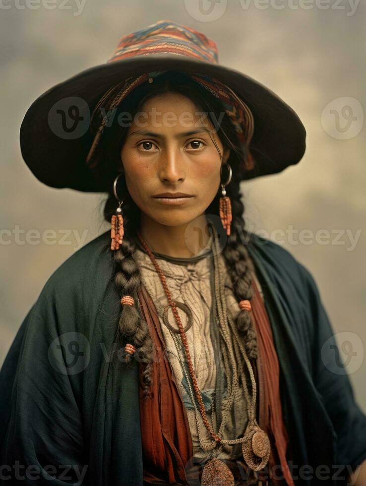 gammal färgad fotografera av en mexikansk kvinna från de tidigt 1900 -talet ai generativ foto