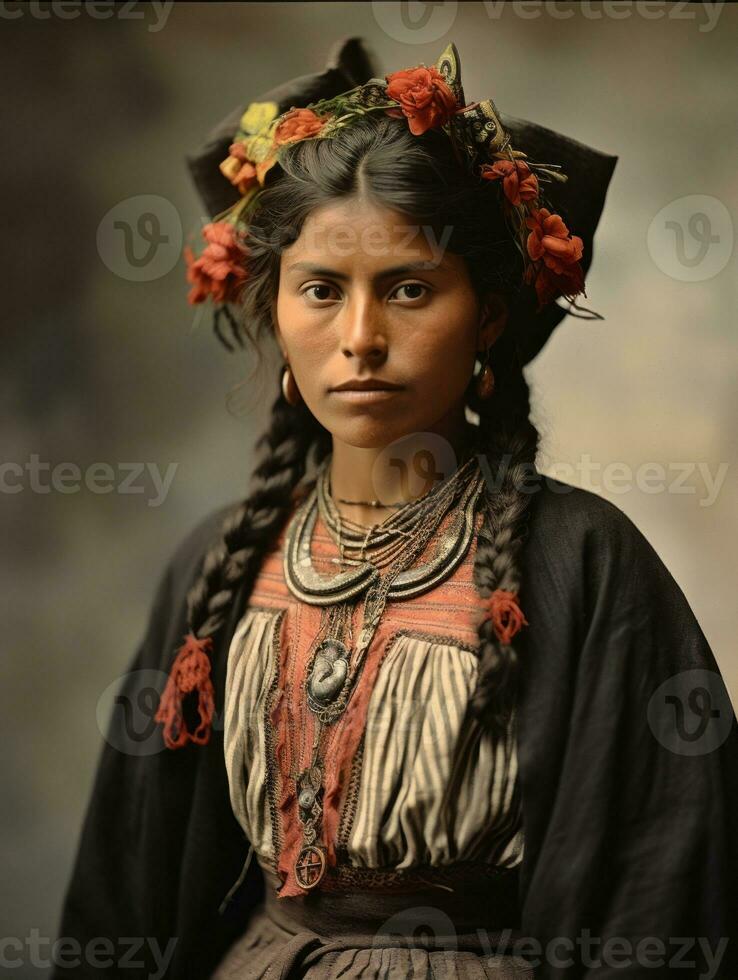 gammal färgad fotografera av en mexikansk kvinna från de tidigt 1900 -talet ai generativ foto