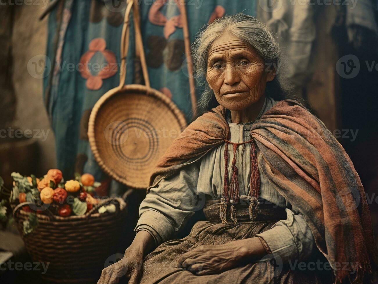 gammal färgad fotografera av en mexikansk kvinna från de tidigt 1900 -talet ai generativ foto