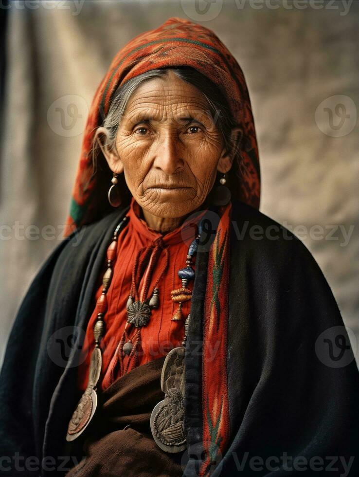 gammal färgad fotografera av en mexikansk kvinna från de tidigt 1900 -talet ai generativ foto