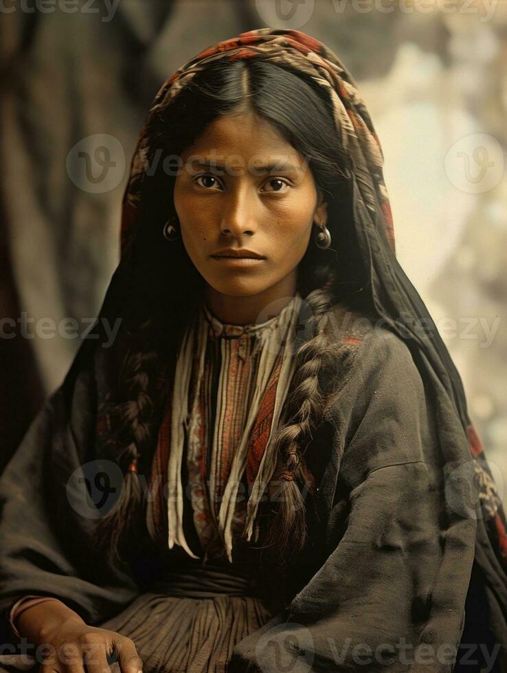 gammal färgad fotografera av en mexikansk kvinna från de tidigt 1900 -talet ai generativ foto