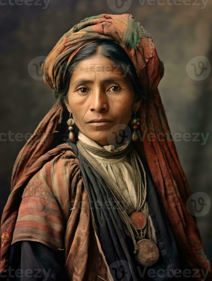 gammal färgad fotografera av en mexikansk kvinna från de tidigt 1900 -talet ai generativ foto