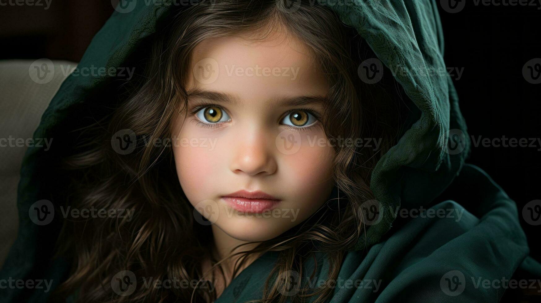 en ung flicka i en grön luvtröja ser på de kamera generativ ai foto