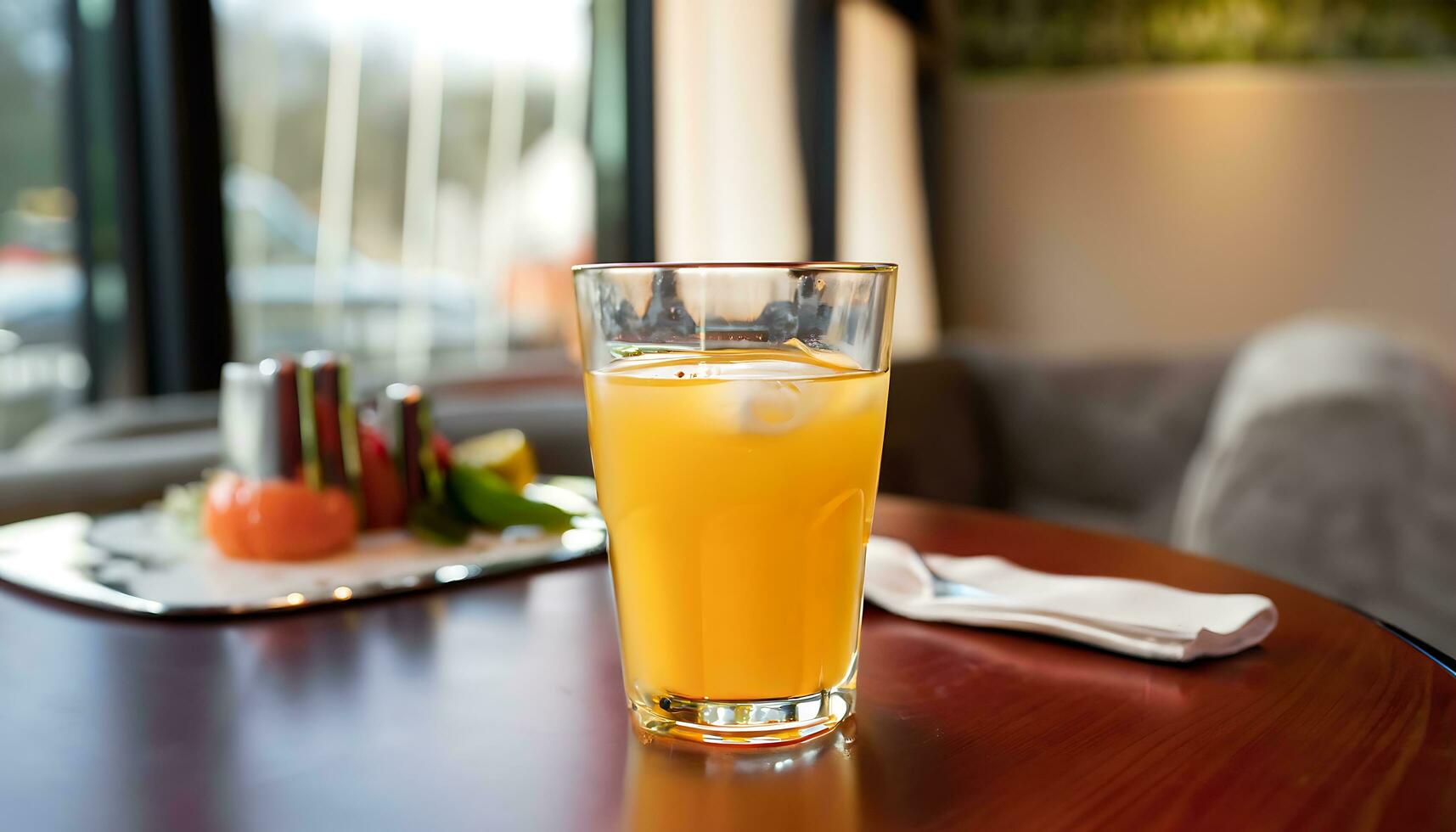 en glas av orange juice på de tabell - ai generativ foto