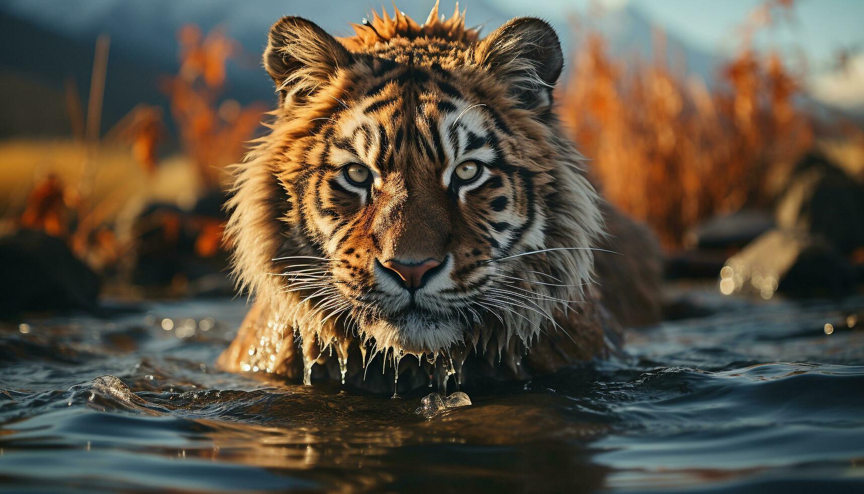 majestätisk bengal tiger stirrande, reflekterande i lugn damm, vildmark skönhet genererad förbi ai foto