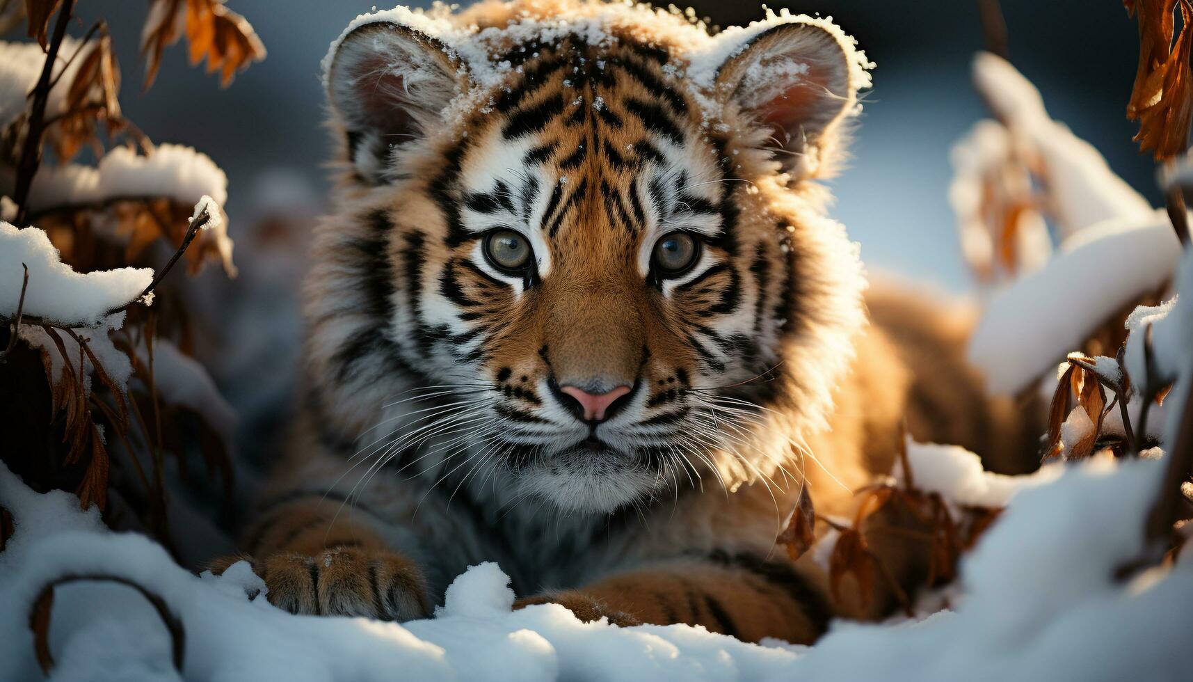bengal tiger stirrande, snö täckt skog, skönhet i natur genererad förbi ai foto