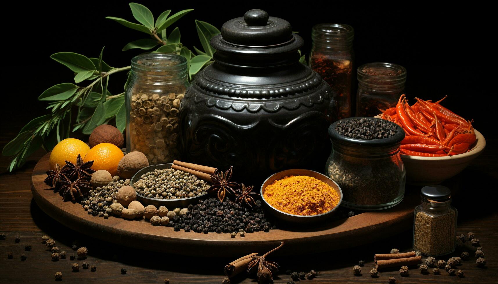 trä- tabell med olika kryddor peppar, anis, chili, vitlök, muskot genererad förbi ai foto