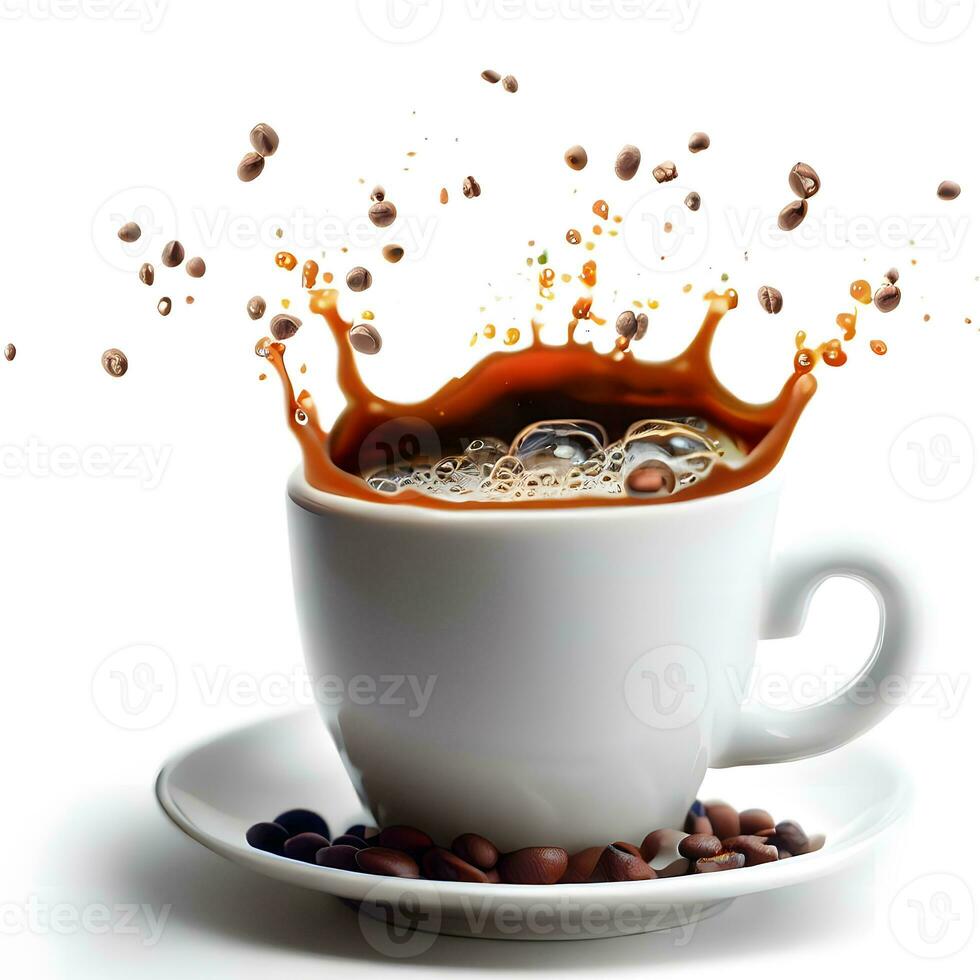 keramisk kopp av kaffe med kaffe bönor och blomma stänk för internationell kaffe dag firande ai generativ foto
