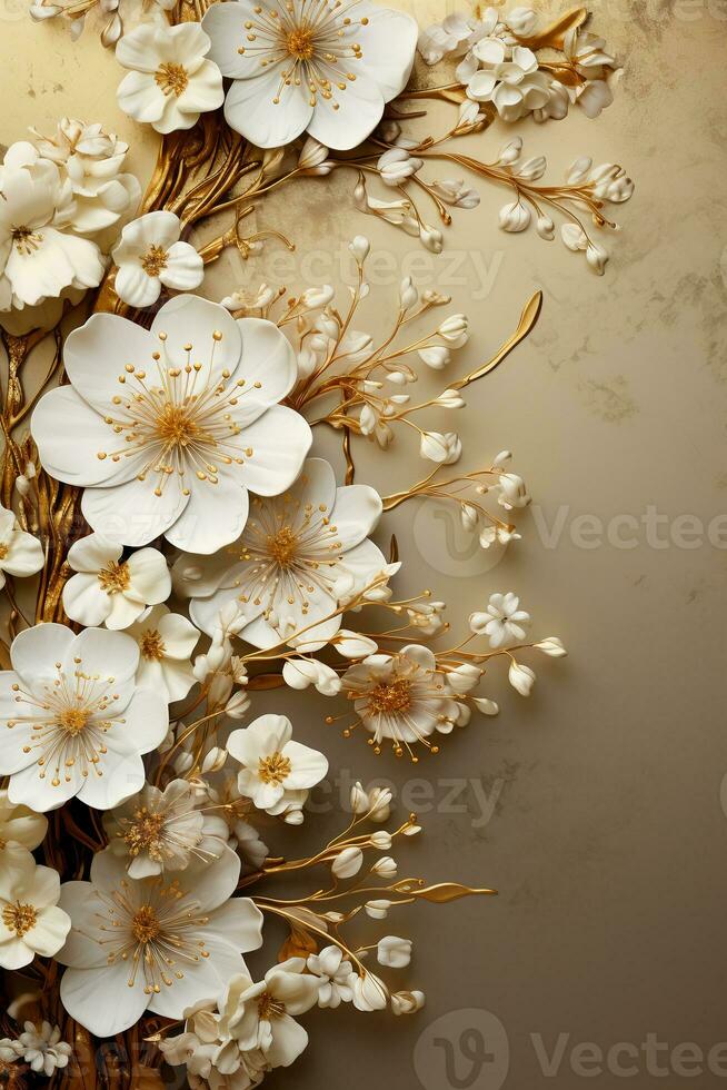 lugn beige texturerad bakgrund med guld virvla runt och vit blomma gräns. ai generativ foto