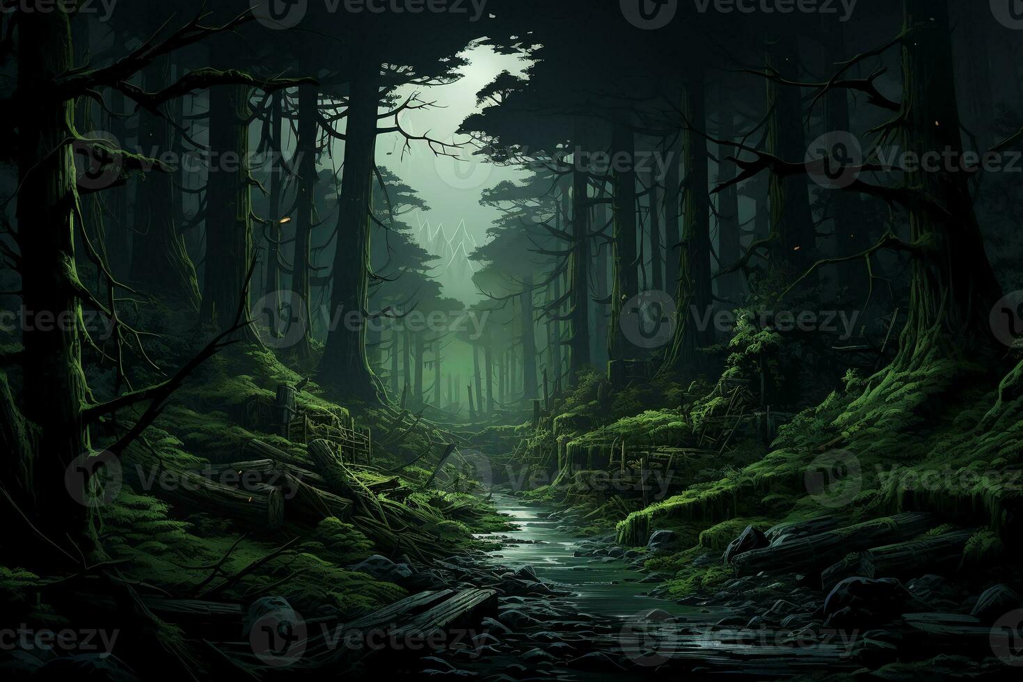 mörk grön skog, pixel konst. ai generativ foto