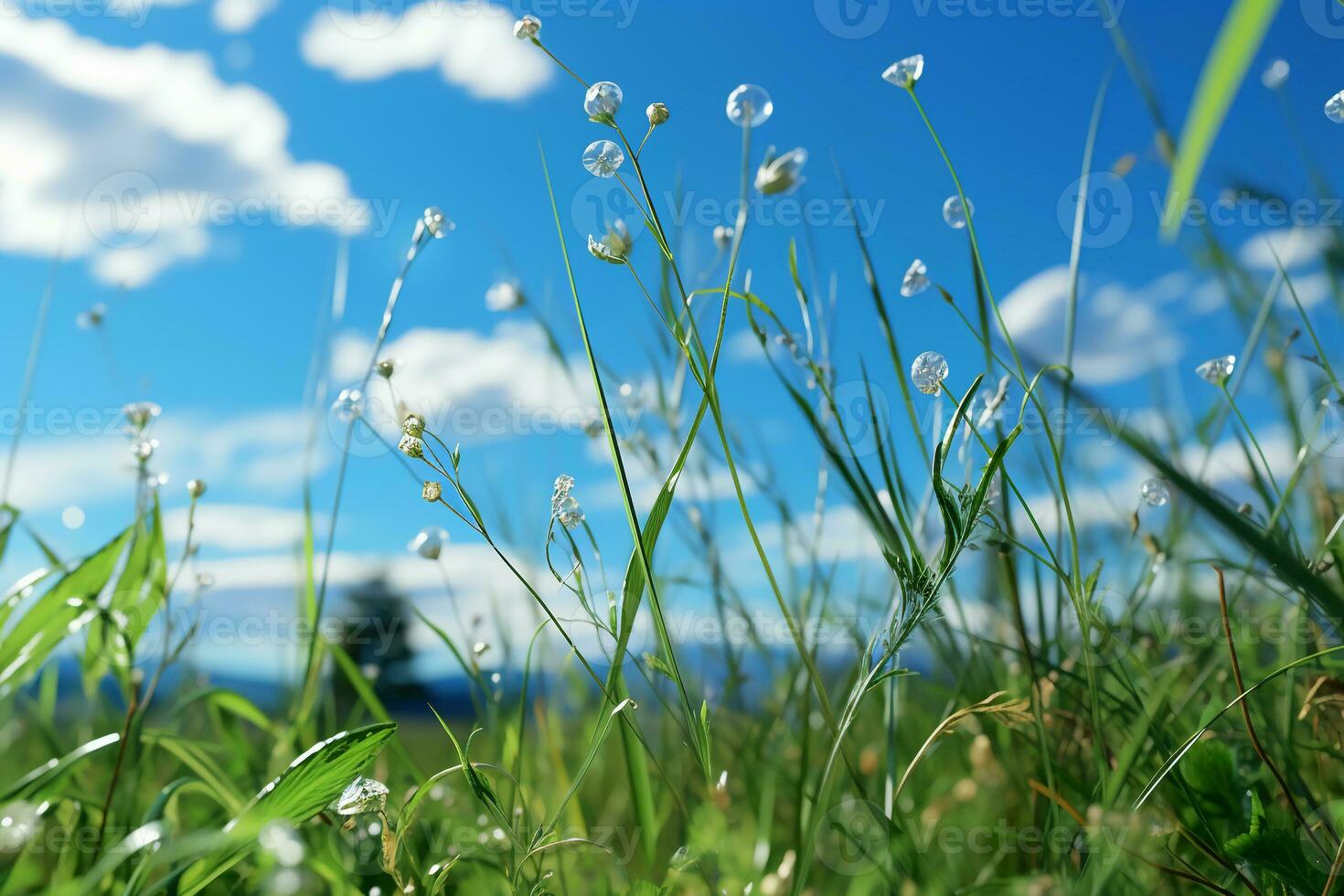 gräs, blå himmel. ai generativ foto