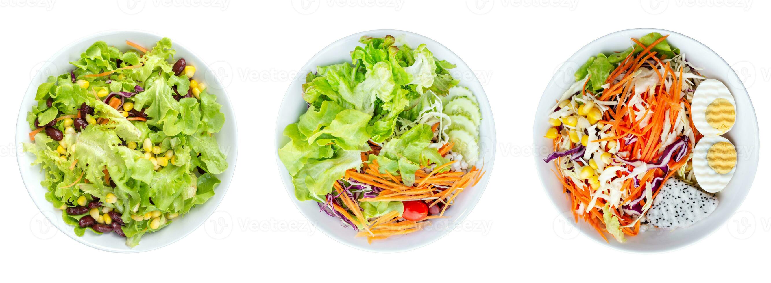 samling uppsättning topp se färgrik vegetabiliska sallad i maträtt isolerat på vit bakgrund med klippning väg foto