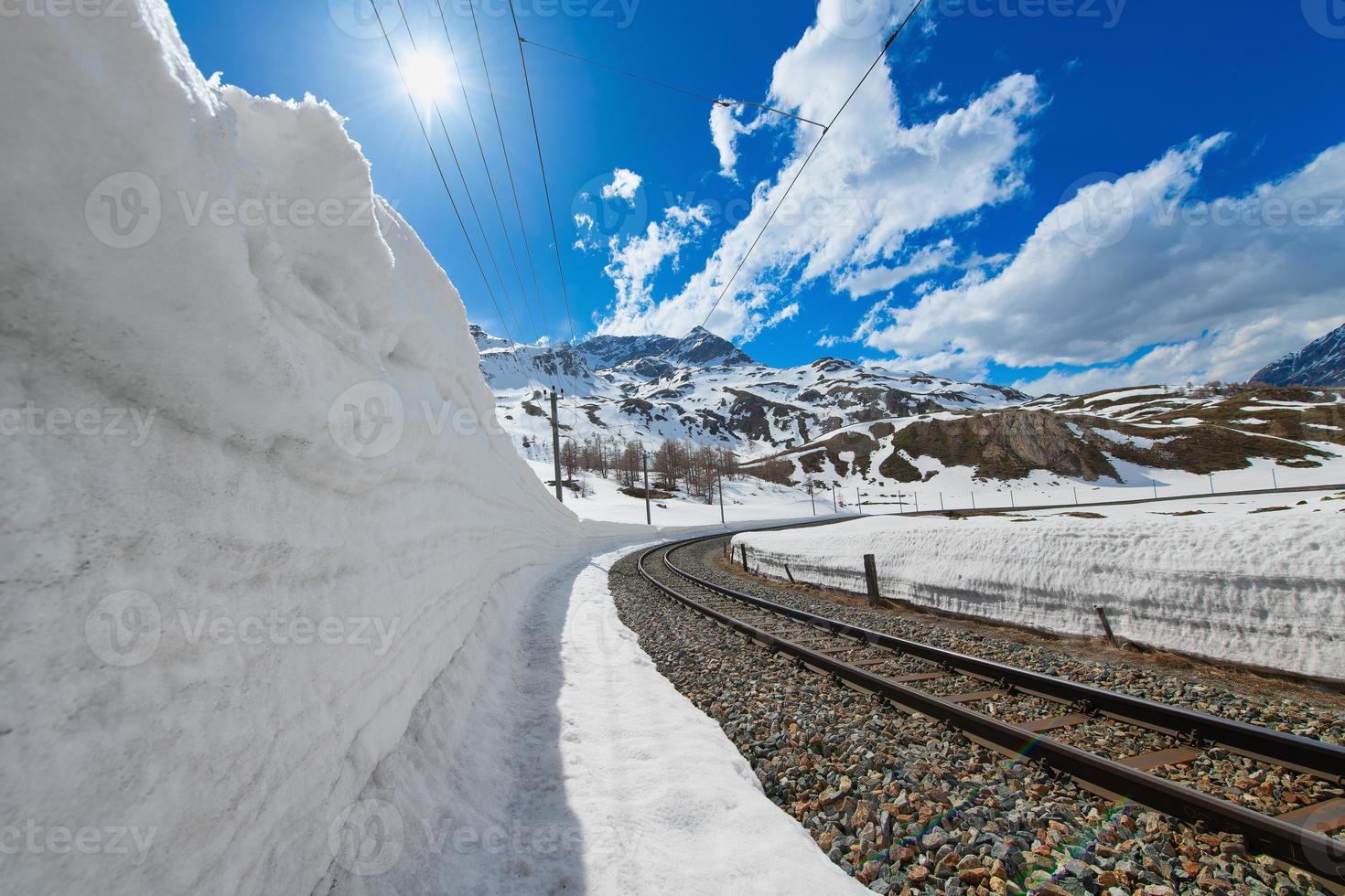 snövägg för passage av den rhaetiska järnvägen på de schweiziska alperna foto