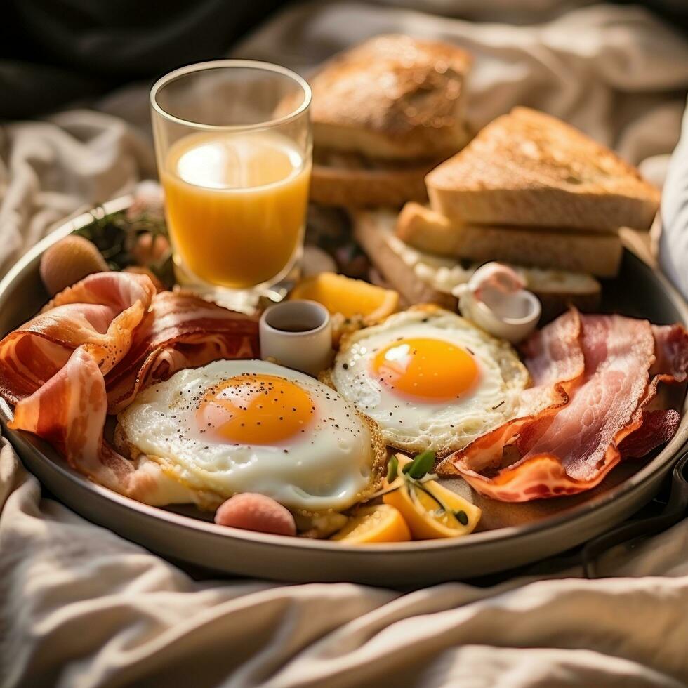 lat morgon- i säng med frukost foto