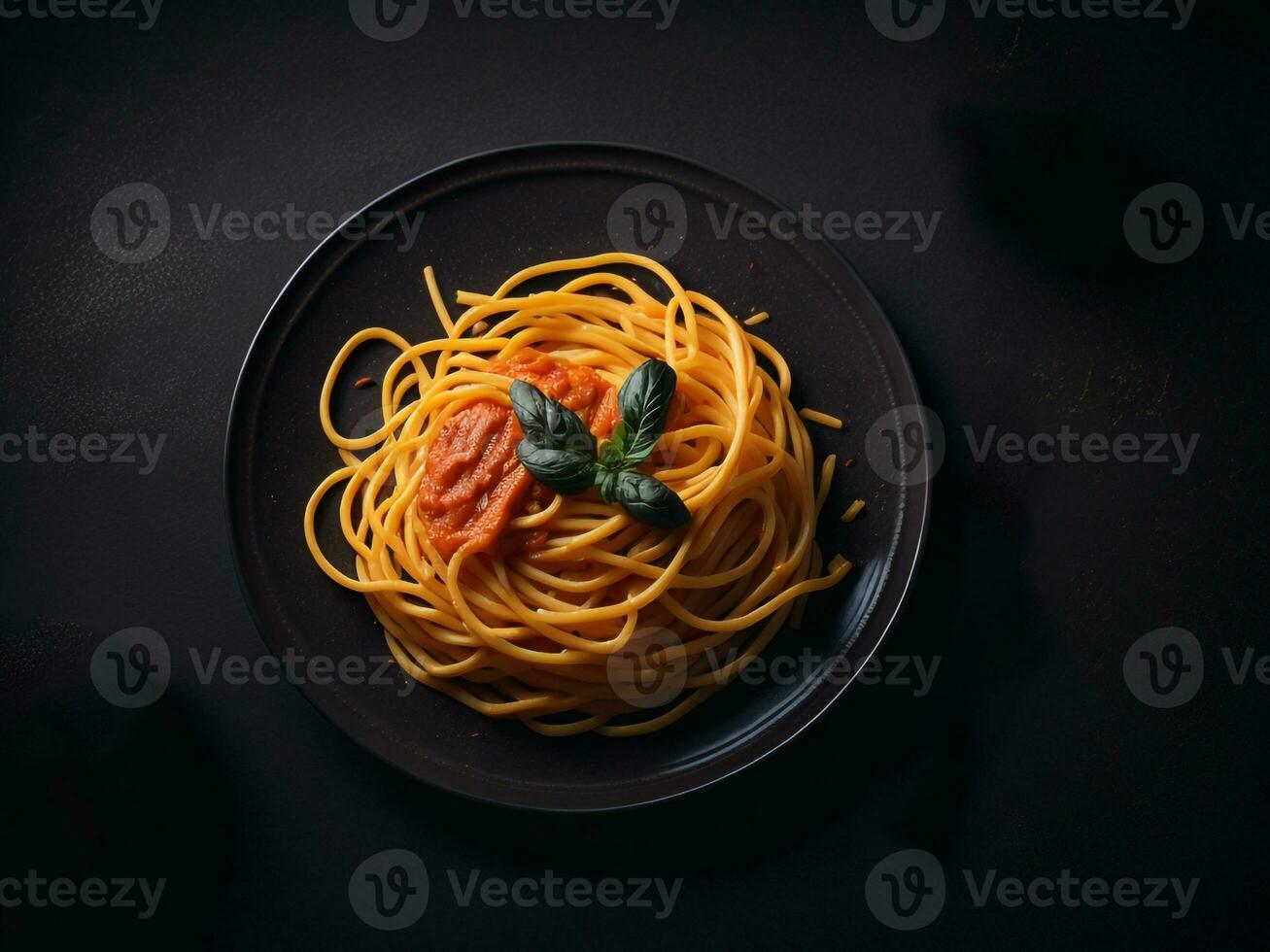 ai generativ pasta spaghetti med tomat sås i svart skål. foto