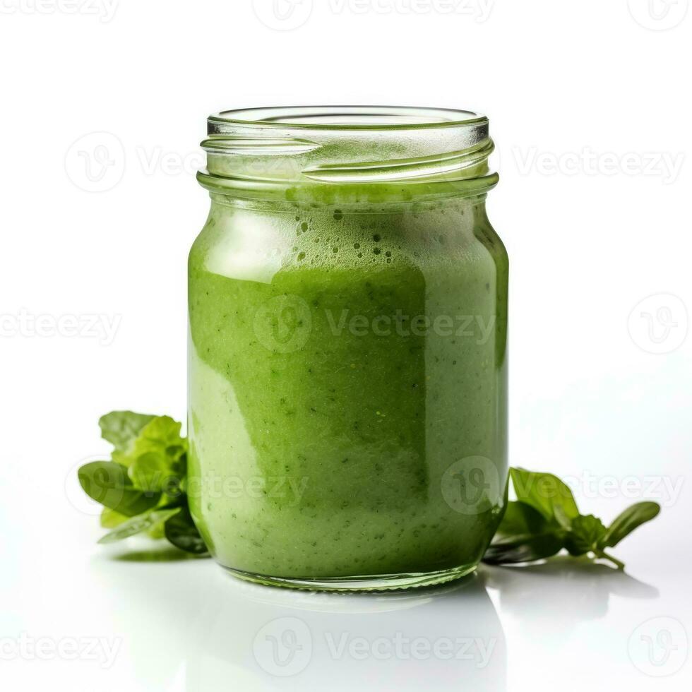 organisk grön smoothie i en glas burk isolerat på en vit bakgrund foto